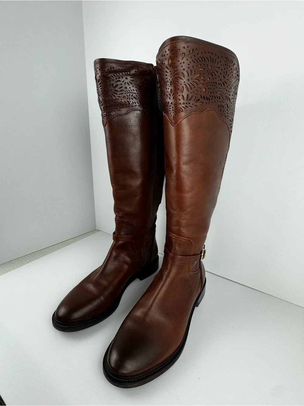 Gianni Bini Brown Knee-High Wide Calf Leather Riding Boots